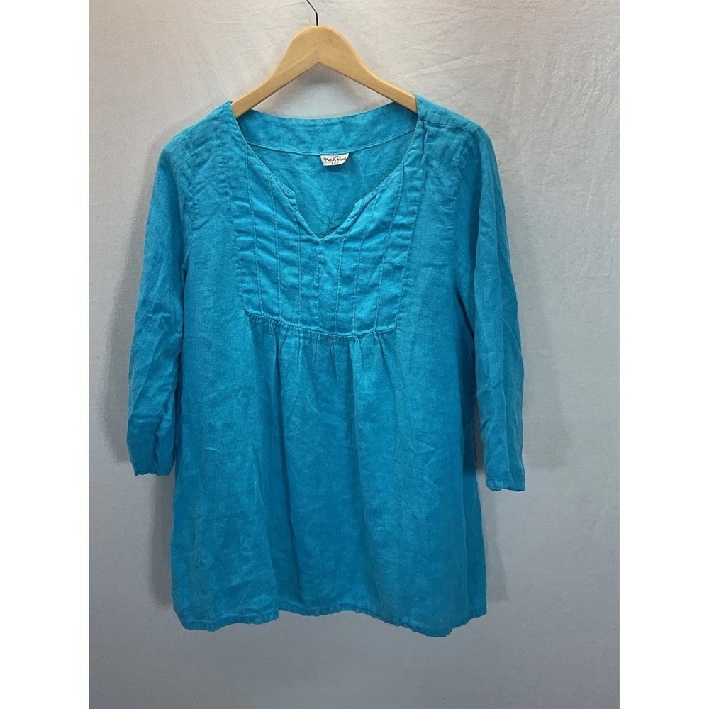 Match Point USA Turquois Tunic 100% Linen Lagenlook Mini Dress Size M Beach Boho